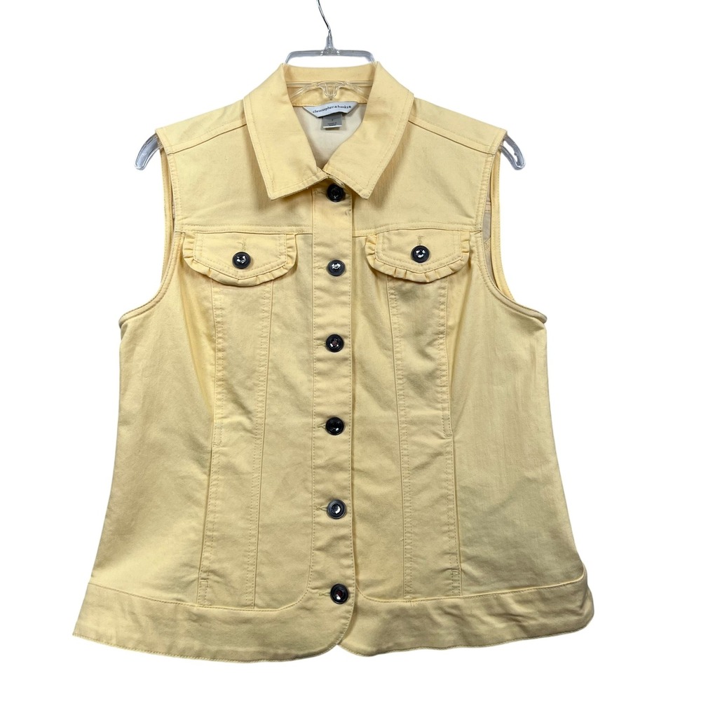Christopher & Banks Denim Vest Women Small Yellow Ruffle Rhinestone Button Front